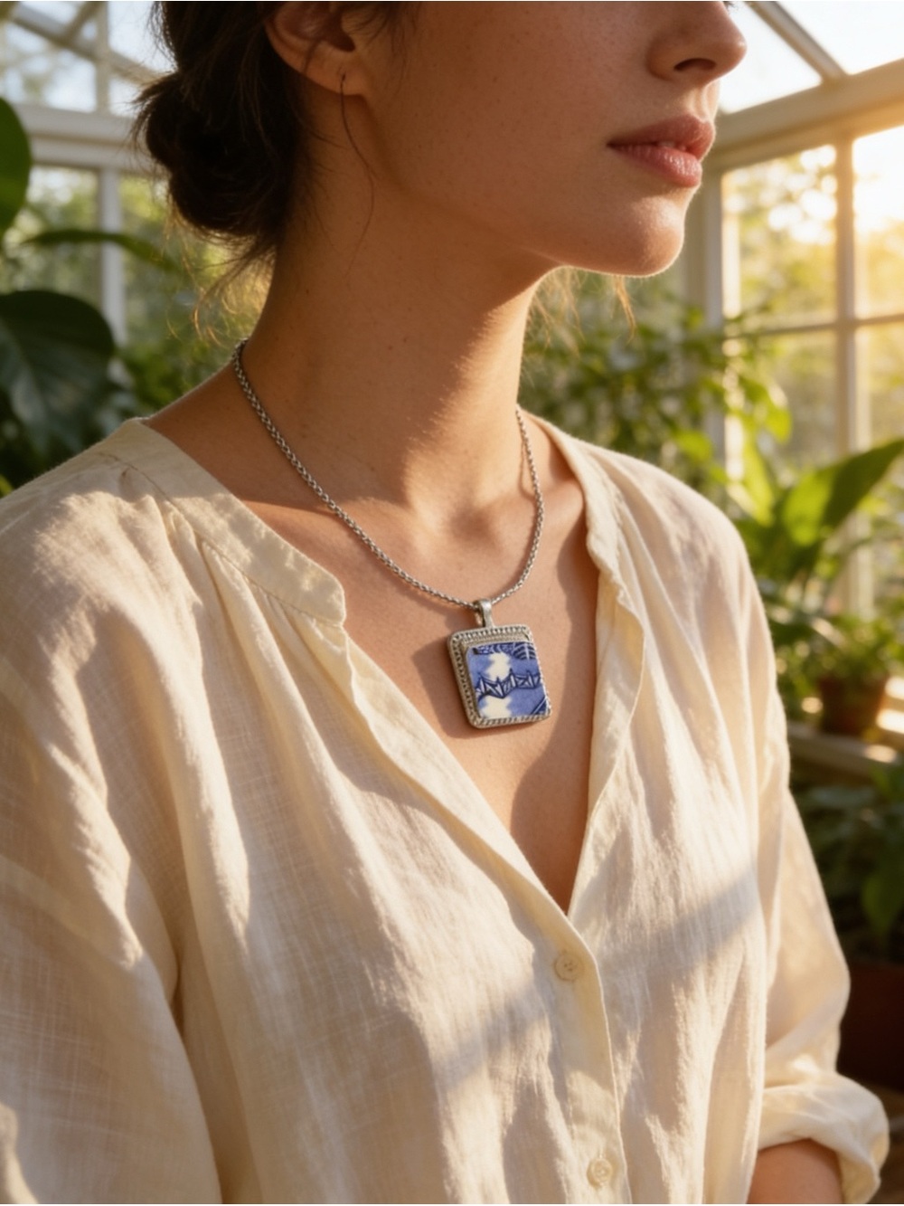 Blue Willow Broken China Ceramic Pendant Necklace-18” length with 1” Pendant